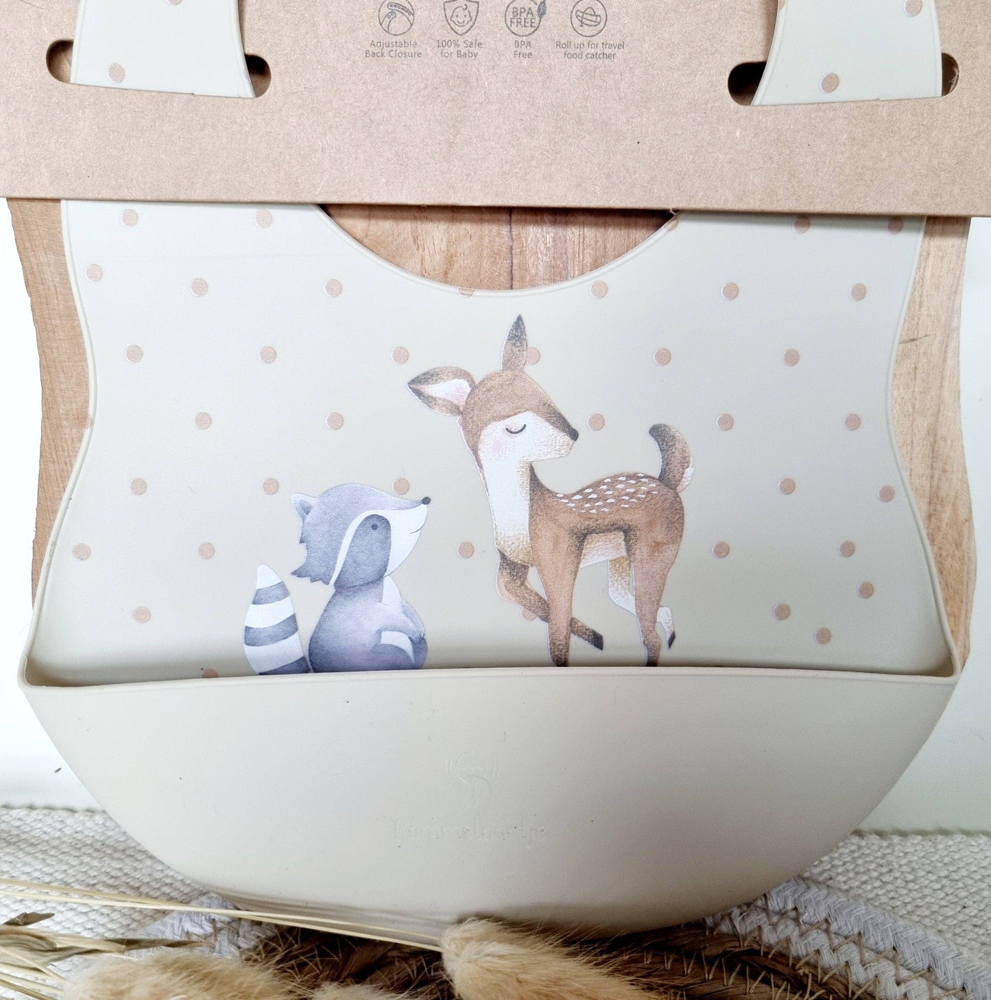 Siliconen slabber met opvangbakje Hert en Wasbeer - Beige