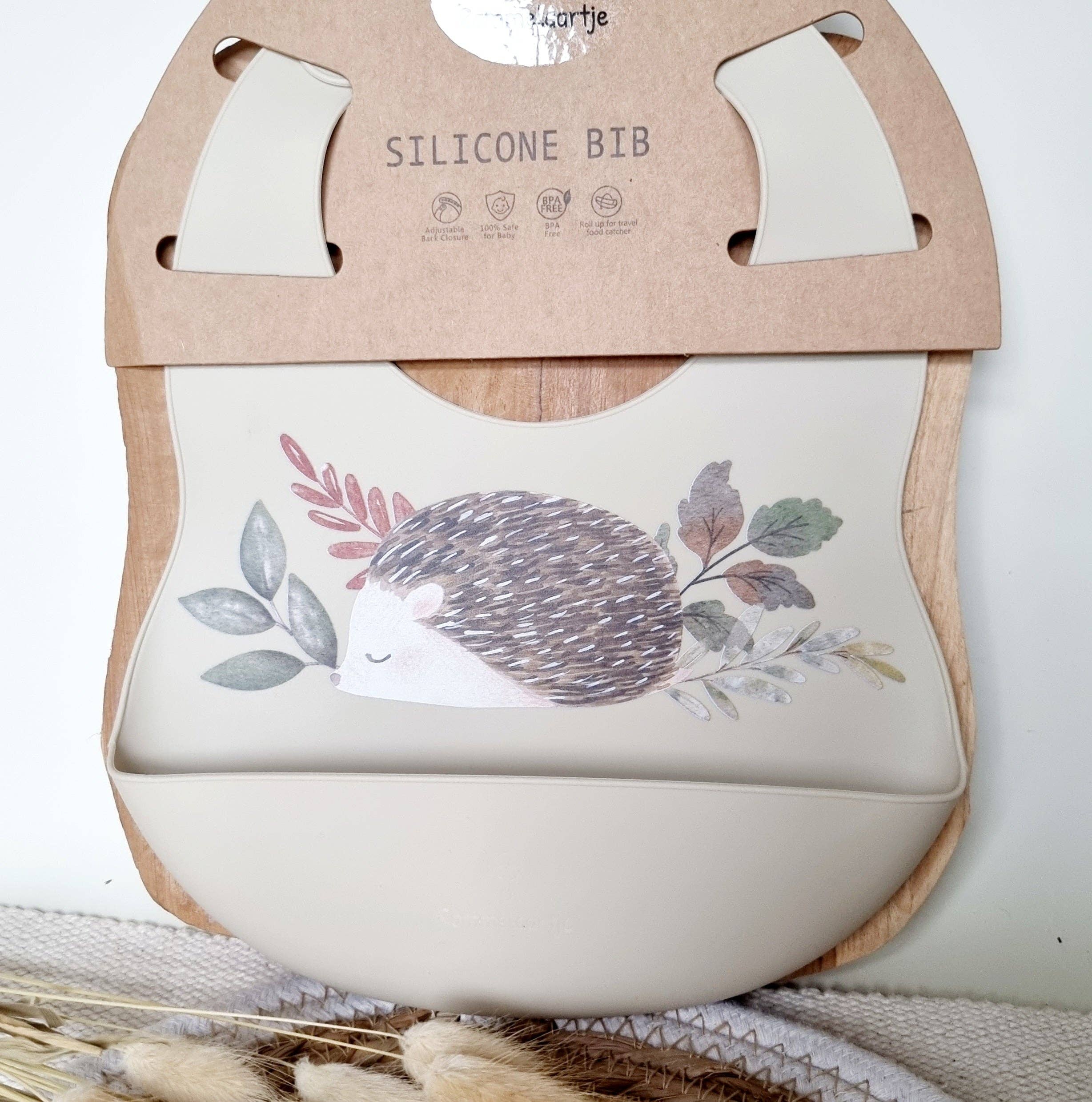 Siliconen slabber met opvangbakje Egel - Beige